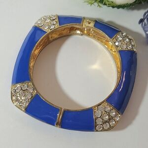 Vintage Blue Enamel & Crystal Gold Plated Square Hinged Bangle Bracelet